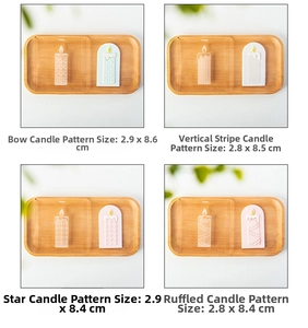 Detailed view of four acrylic Christmas candle fondant molds with varied patterns and sizes
