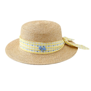 Women's summer straw boater hat with wide brim and heart pattern plaid ribbon trim