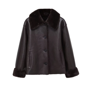 Women's dark brown faux fur lined leather jacket with oversized shearling collar