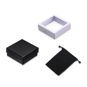 Professional jewelry packaging set with black textured box, film display frame and velvet pouch
