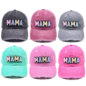 Distressed wash cotton baseball caps with colorful MAMA embroidery in six varied colors