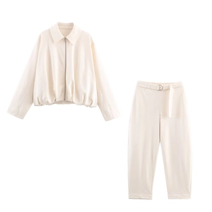 Women's 2-piece cream bomber jacket and drawstring trousers casual set outfit