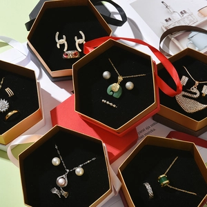 Hexagon jewelry gift boxes with satin ribbons and velvet lining in various colors