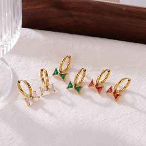 Bow-shaped gold earrings set with green, red and white zircon stones on circular hoops