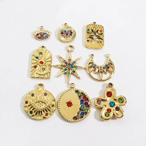 9-piece gold stainless steel pendants set with colorful rhinestones in sun and moon shapes