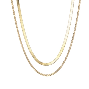 Double layered gold snake chain necklace featuring a minimalist flat link design