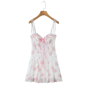 Slim fit white floral mini dress with pink rose print, lace trim and bow straps