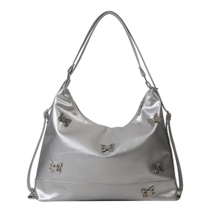 Silberne PU Leder Butterfly Tote Bag mit Metallglanz und verstellbaren Schultergurten