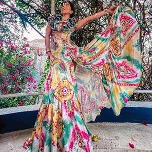 Women Bohemian Print Bikini Top Bottoms Ruffle High Waist Swimsuit And Maxi Skirt Beachwear Polyester