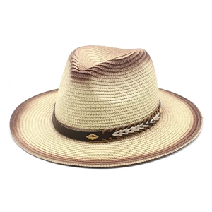 Straw sun hat with brown gradient brim and leather band with gold hardware