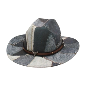 Western denim patchwork cowboy hat with silver bull head ornament and metal rivets