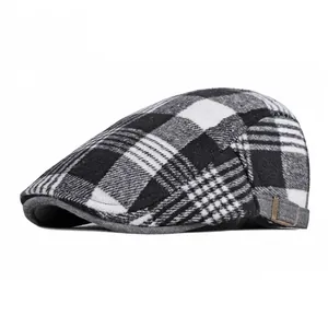 British Retro Plaid Flat Cap For Men And Women Wool Blend Warm Winter Beret Ivy Hat With Adjustable Side Buckle