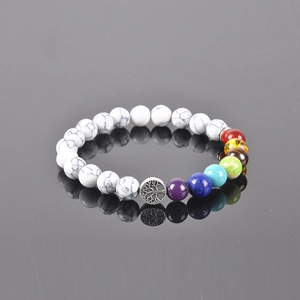 Seven chakra beads and white turquoise tree of life charm bracelet with reflection