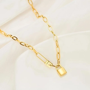 Golden stainless steel paperclip necklace with engraved love tag and padlock pendant