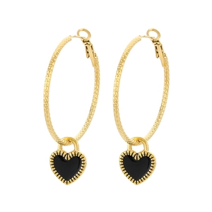 Elegant gold hoop earrings with black heart charms in a minimalist and retro style