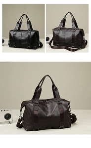 Detail showing the textures and zippers of black and dark brown leather travel bags