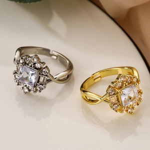 Copper Zircon Adjustable Open Ring Real Gold Plated Square Princess Cut Cluster Geometric Fashion Luxury For Women