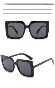 Front and side view of large square black frame sunglasses with dark grey lenses