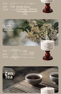 Detailed fragrance notes and ceramic candle jar with elegant dark mahogany base