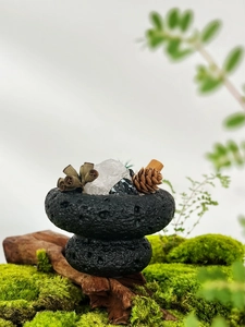 Macro view of crystal stones and pine cones in a volcanic rock essential oil diffuser