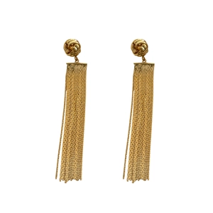 Elegant 18K gold plated long tassel earrings with a metallic knot design and chains