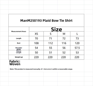 Size chart for women plaid shirt with bow detail showing measurements in centimeters