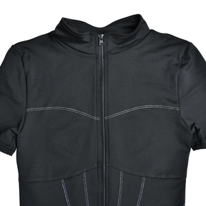 Detail of black bodysuit with white contrast stitching and functional front zipper