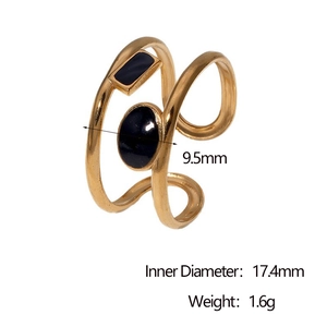 Detail view of gold stainless steel double ring with black enamel and dimensions info