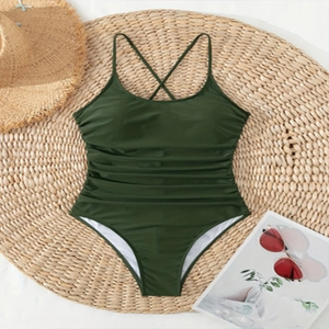 Olive green one-piece swimsuit with cross-back straps and tummy control pleats