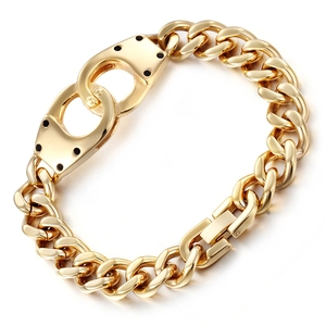 Hiphop gold stainless steel handcuff double ring bracelet with diamond accents