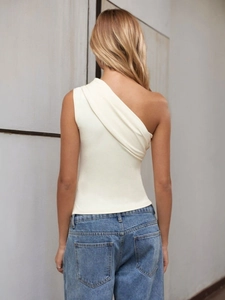 Back view of a white one-shoulder asymmetrical slim-fit top for women in casual style
