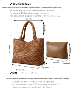 Size guide for woven tote and inner pouch set with precise dimensions in cm and inches