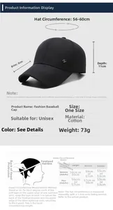 Detailed size guide for men's cotton baseball cap showing measurements and head circumference