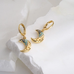 18K gold plated copper moon earrings with colorful micro-inlaid cubic zirconia stones