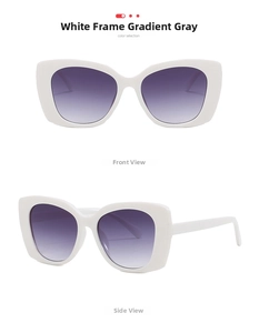 Detailed views of white cat-eye sunglasses with gradient grey lenses in two angles