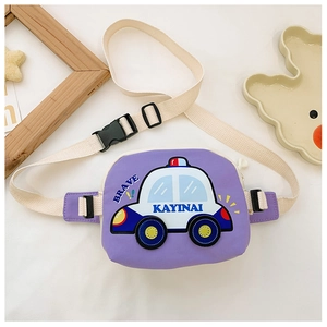 Close-up of adjustable buckle and purple cartoon car printed fabric on kids chest bag