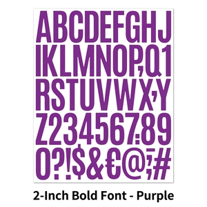 Macro detail of 2-inch purple sans-serif alphabet and number sticker set for scrapbooks
