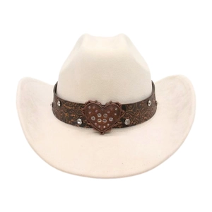 Cream suede western cowboy hat with brown embossed leather band and heart rhinestone buckle