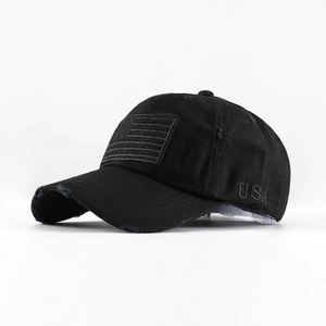 Vintage black washed cotton baseball cap with American flag and USA embroidery