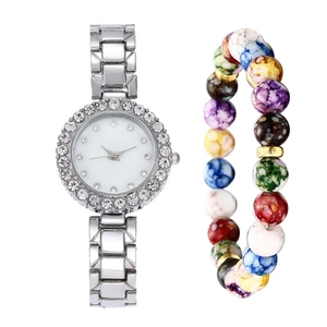 Silver-tone rhinestone watch and colorful beaded bracelet jewelry set for women
