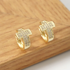 Elegant gold cross earrings for women with CZ stones in a micro-pave setting