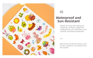 Waterproof vinyl Easter stickers featuring cute cartoon bunnies and colorful eggs patterns