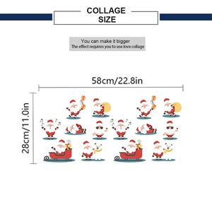 Detailed dimension guide for Christmas Santa PVC wall decals showing collage size layout