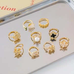 Rotatable Copper Gold Plated Adjustable Ring For Women Rhinestone Artificial Pearl Rabbit Flower Four-Leaf Clover Ring