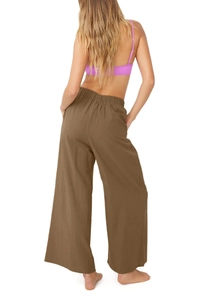 Vue arrière du pantalon large en coton et lin marron avec taille haute élastiquée souple