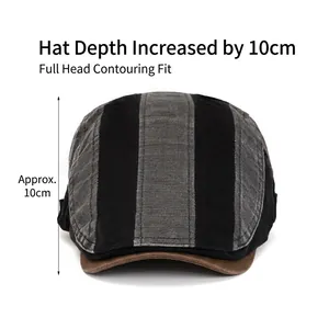 Men's retro striped cotton beret ivy cap with 10cm depth for adjustable comfortable fit