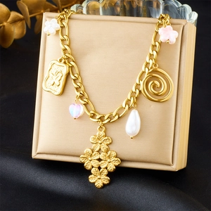 Fashion Multi Charm Necklace For Women Gold Plated Stainless Steel Flower Butterfly Heart Imitation Artificial Pearl Trendy Jewelry