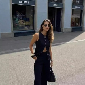 Women Sleeveless Vest Top And Straight Leg Pants Outfits Solid Color Metal Hook And Eye Closures Commuter Style Polyester
