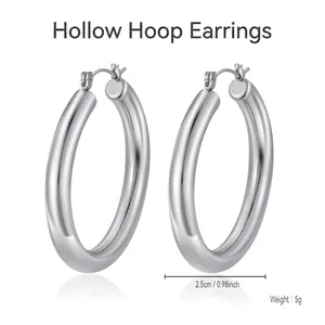 Lightweight 25mm hollow hoop earrings in polished silver stainless steel for daily wear