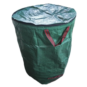 300L garden waste bag made of green PP woven fabric with a zippered lid and red handles